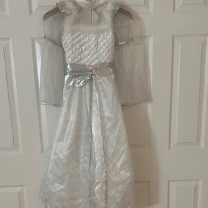 Elegant Silver and White Dress with Fur Trim